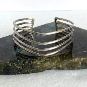 Sterling Silver 925 Modernist 22MM Wide Multi Row 4 Band V Cuff Bracelet Sz 7.5"